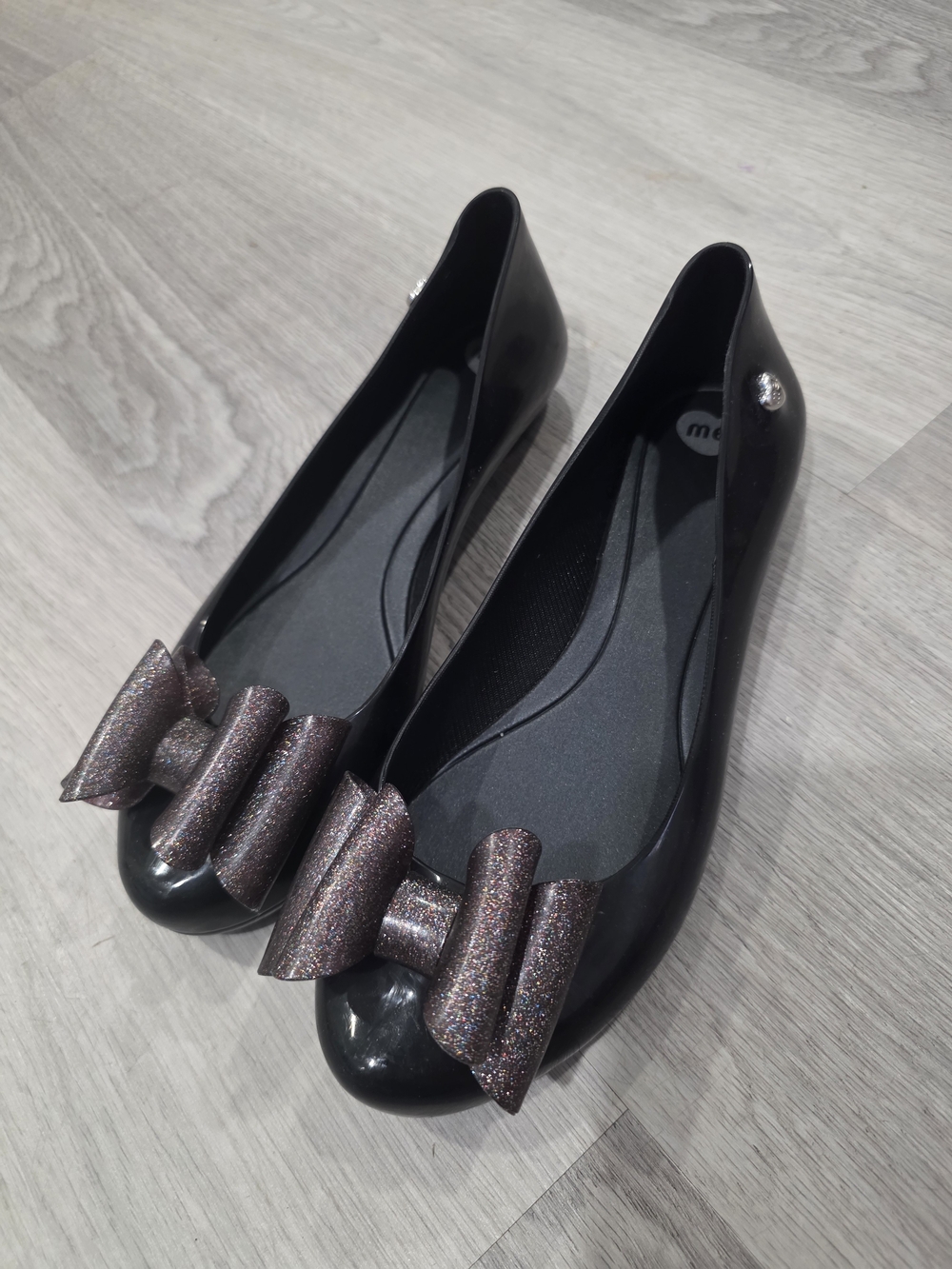 Melissa Women's Black Ballet Flats with Glitter Bow Accent